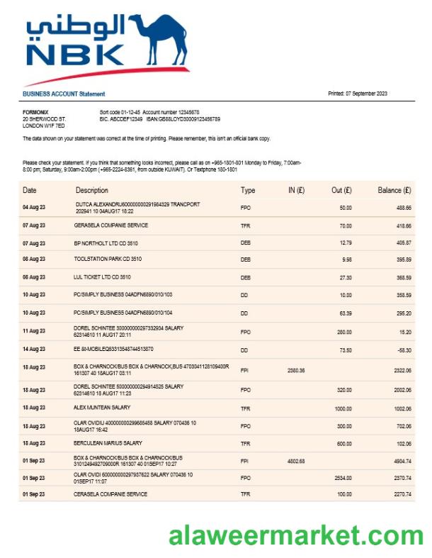 NBK Bank business statement Word and PDF template